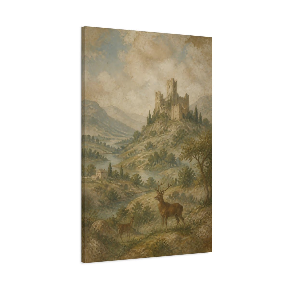 Faded Fresco Wildlife Scene Ruined Castle Canvas Wall Art Print – Vintage Living Room, Above Console Table - YesArtYes