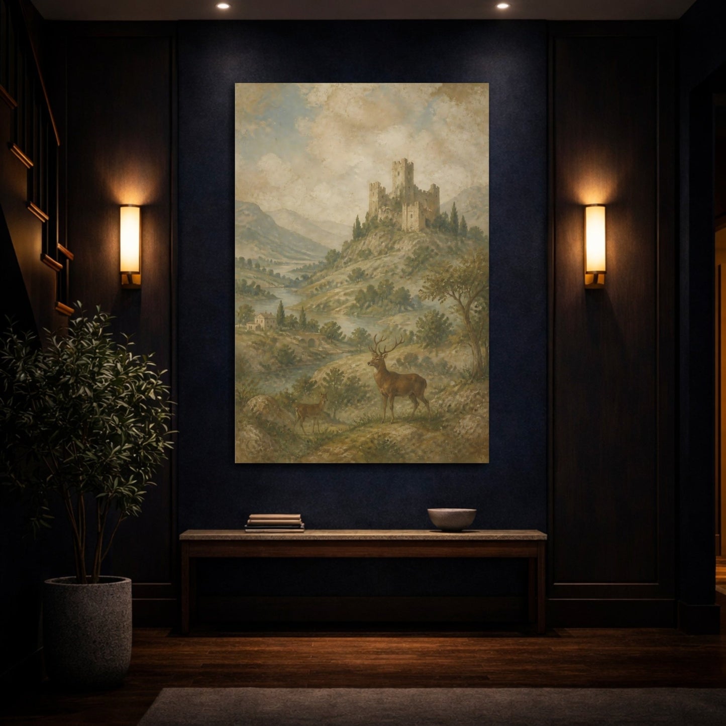 Faded Fresco Wildlife Scene Ruined Castle Canvas Wall Art Print – Vintage Living Room, Above Console Table - YesArtYes