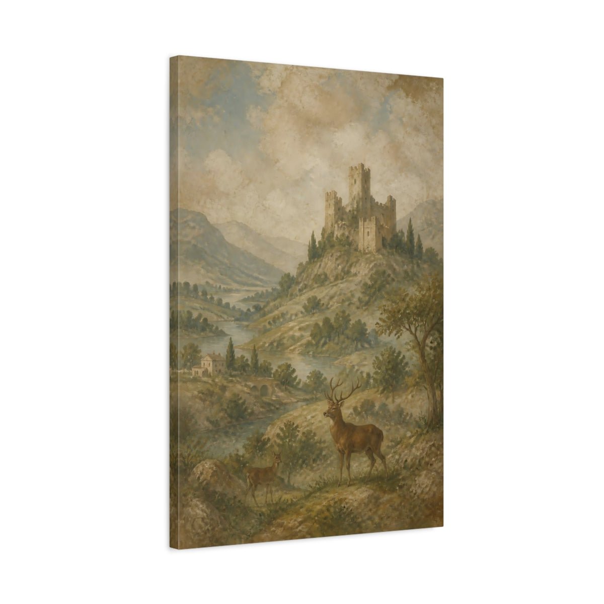 Faded Fresco Wildlife Scene Ruined Castle Canvas Wall Art Print – Vintage Living Room, Above Console Table - YesArtYes