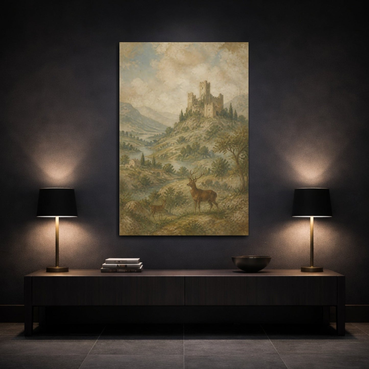 Faded Fresco Wildlife Scene Ruined Castle Canvas Wall Art Print – Vintage Living Room, Above Console Table - YesArtYes