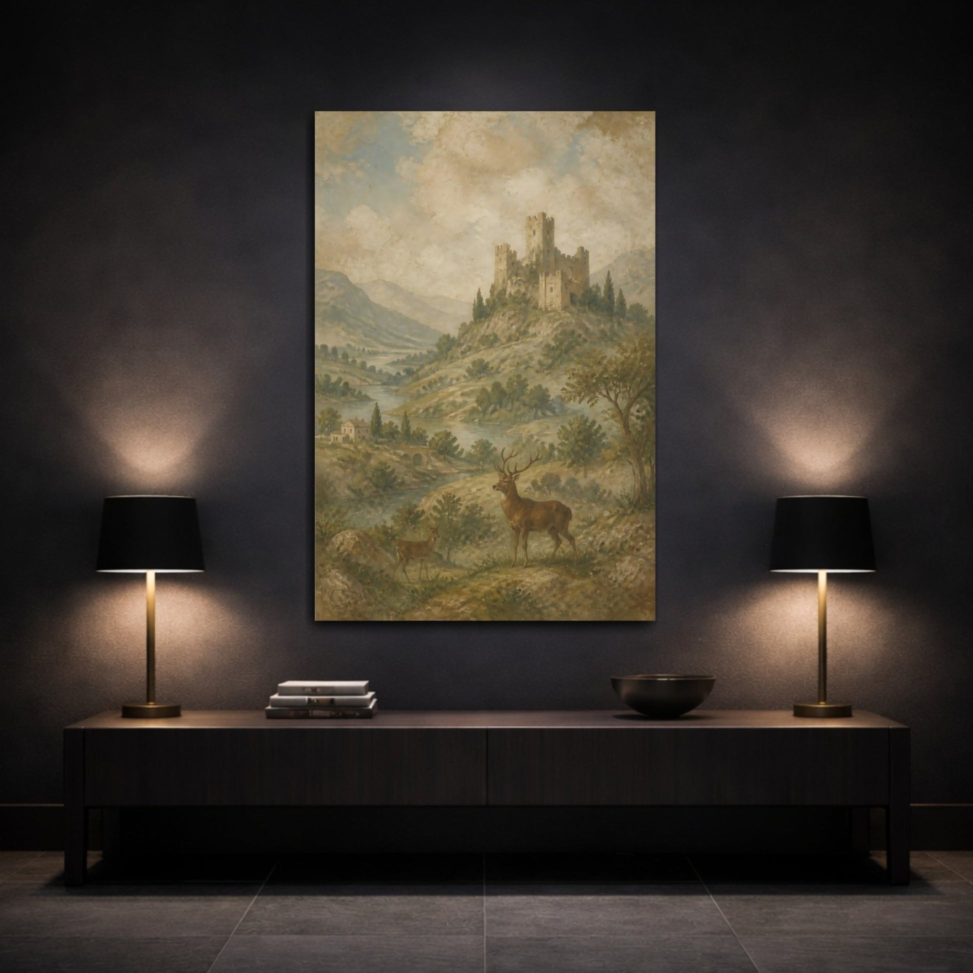 Faded Fresco Wildlife Scene Ruined Castle Canvas Wall Art Print – Vintage Living Room, Above Console Table - YesArtYes
