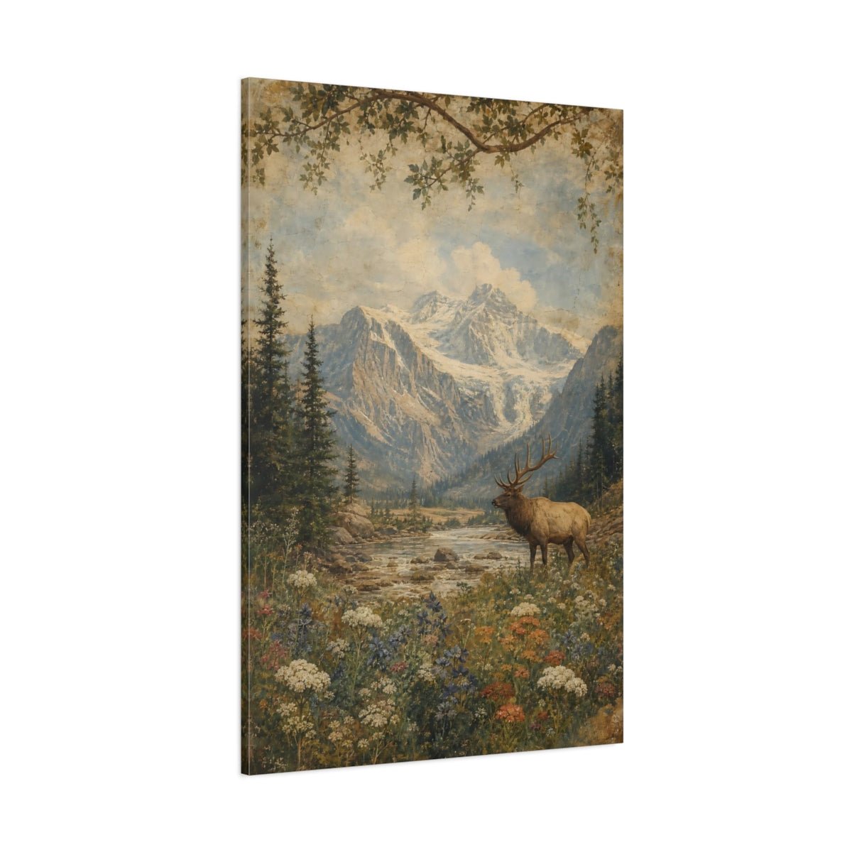 Faded Fresco Wildlife Scene Wildflowers Beneath Canvas Wall Art Print – Vintage Living Room, Above Couch - YesArtYes