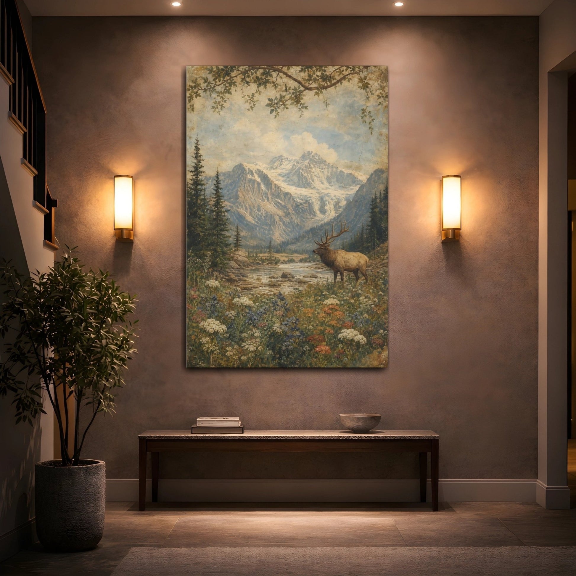 Faded Fresco Wildlife Scene Wildflowers Beneath Canvas Wall Art Print – Vintage Living Room, Above Couch - YesArtYes