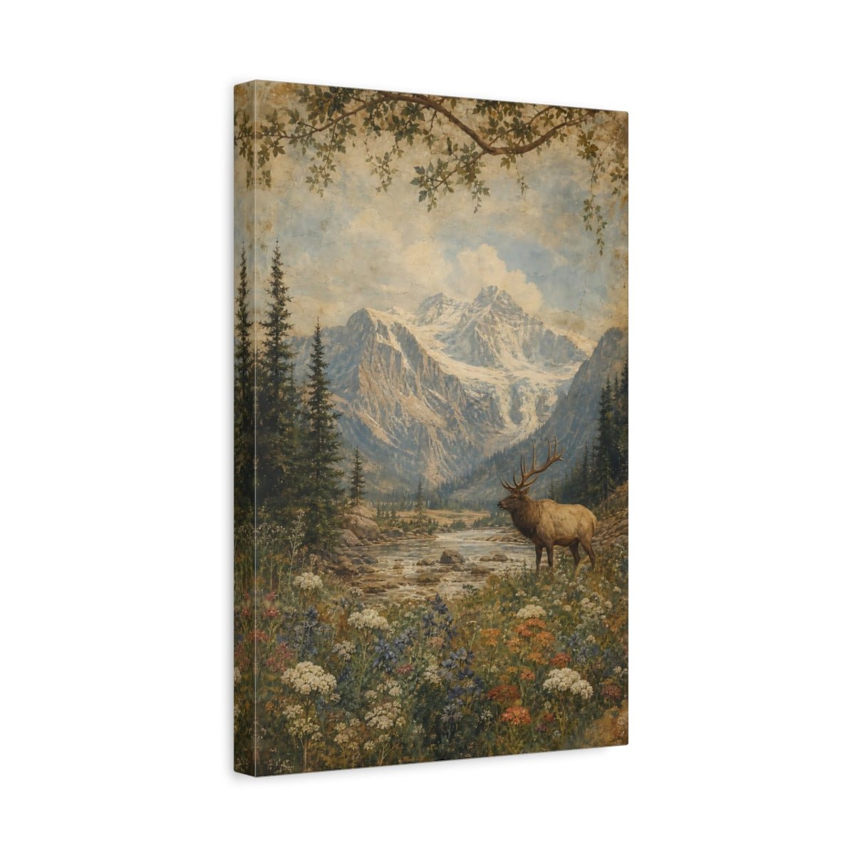 Faded Fresco Wildlife Scene Wildflowers Beneath Canvas Wall Art Print – Vintage Living Room, Above Couch - YesArtYes