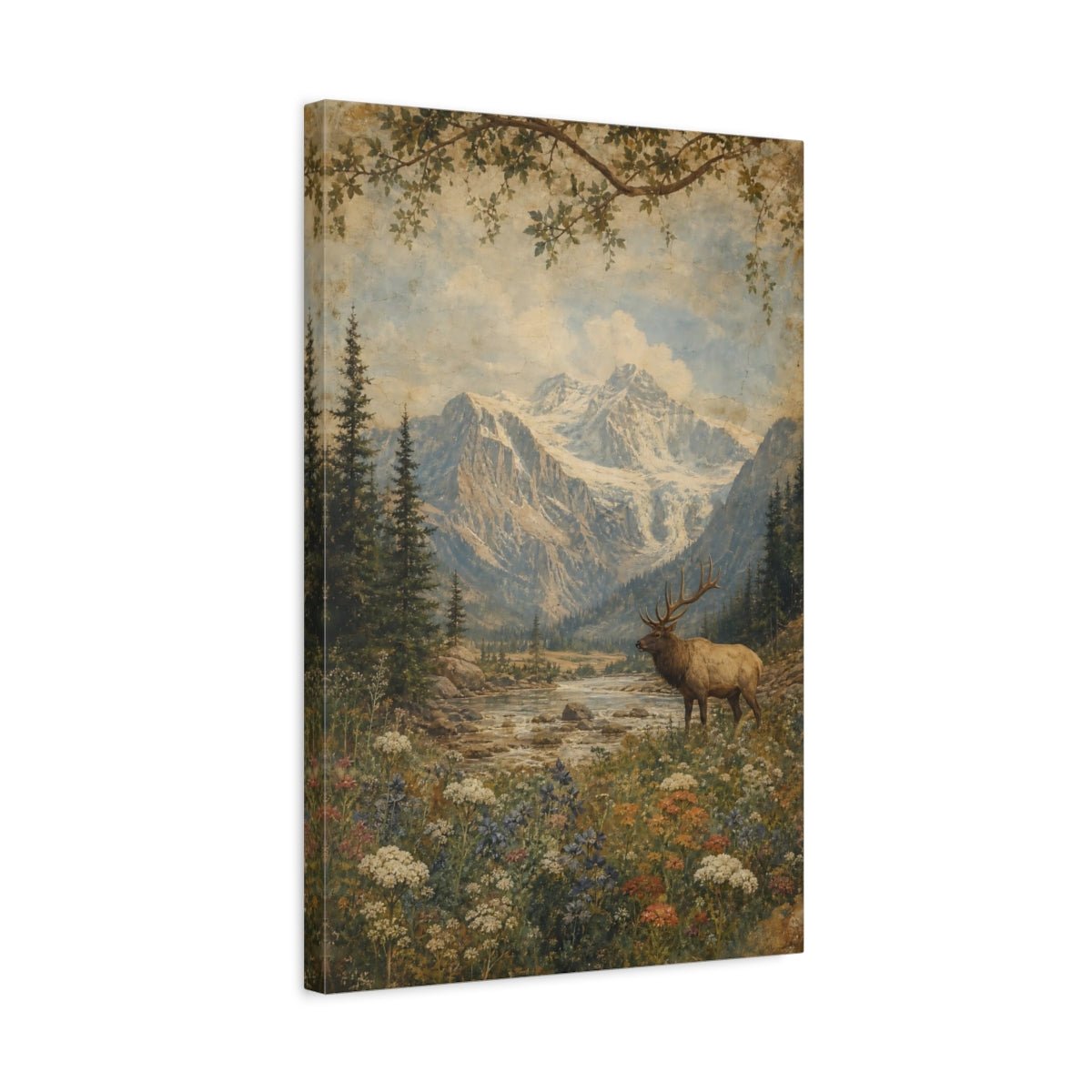 Faded Fresco Wildlife Scene Wildflowers Beneath Canvas Wall Art Print – Vintage Living Room, Above Couch - YesArtYes