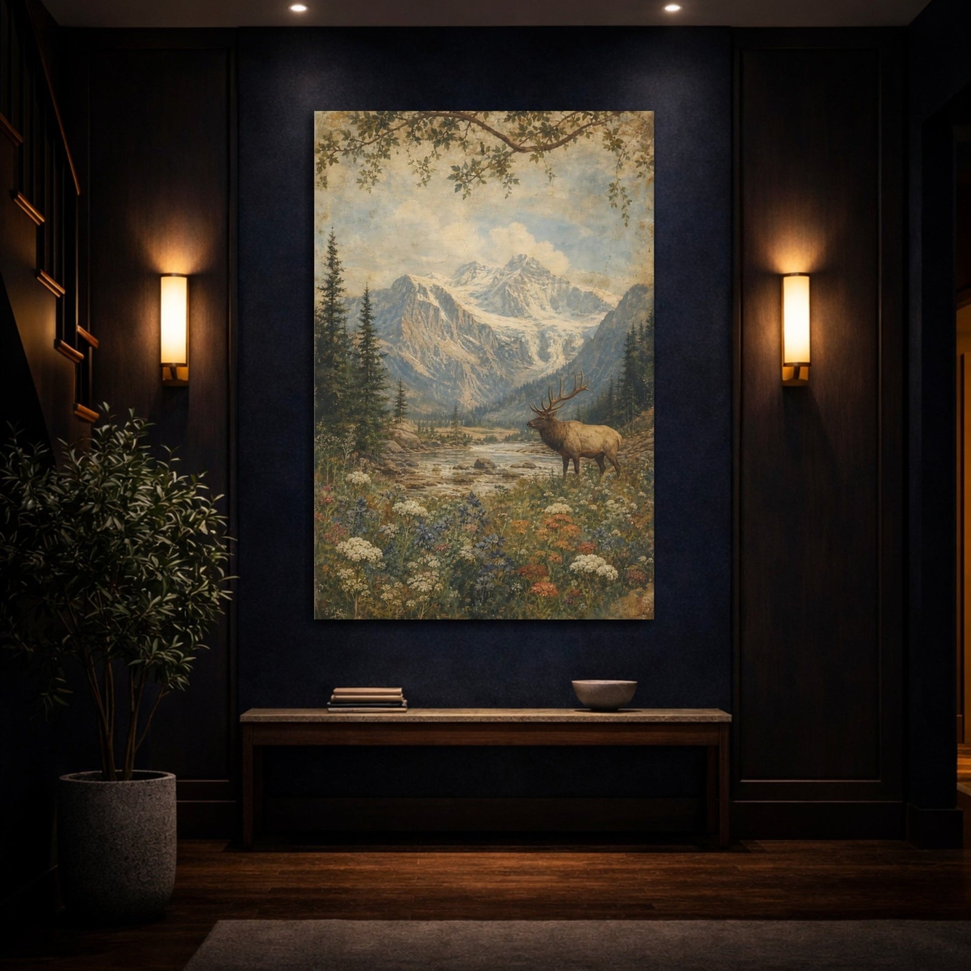 Faded Fresco Wildlife Scene Wildflowers Beneath Canvas Wall Art Print – Vintage Living Room, Above Couch - YesArtYes