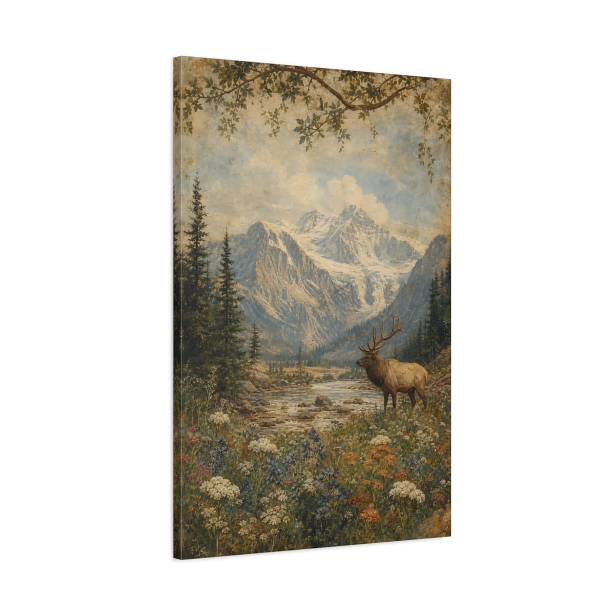Faded Fresco Wildlife Scene Wildflowers Beneath Canvas Wall Art Print – Vintage Living Room, Above Couch - YesArtYes
