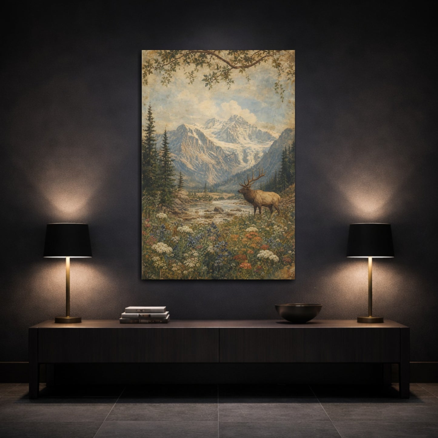 Mockup 3. Faded Fresco Wildlife Scene Wildflowers Beneath Glacier Peaks shown as stretched canvas wall art