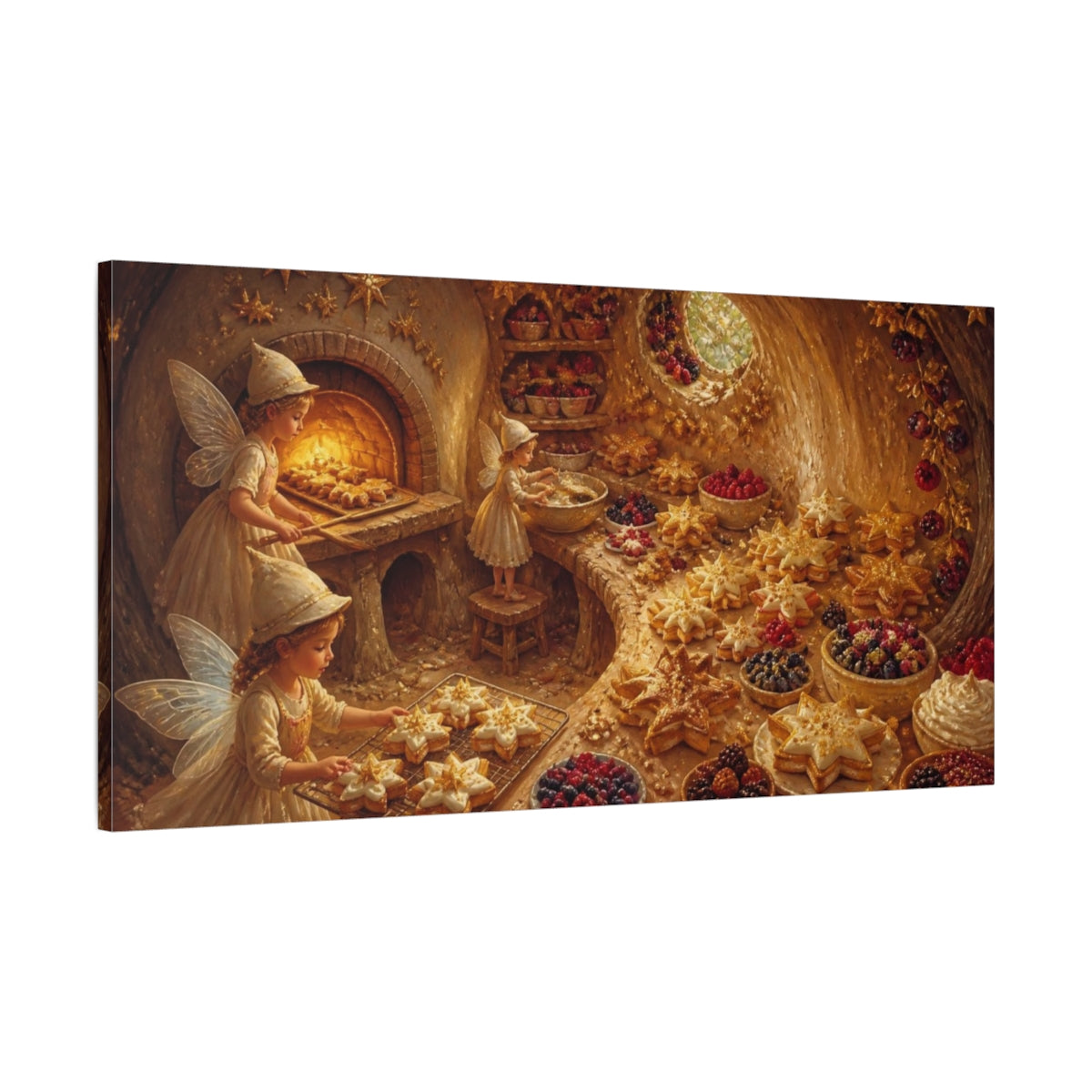 Main Mockup. Fairies Baking Star Cookies shown as canvas print