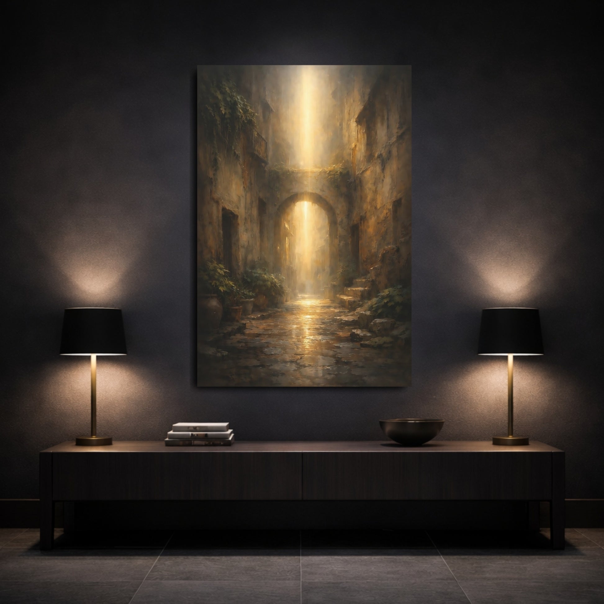 Fairytale Alleyway Arch Golden Light Alley shown as front canvas room wall art