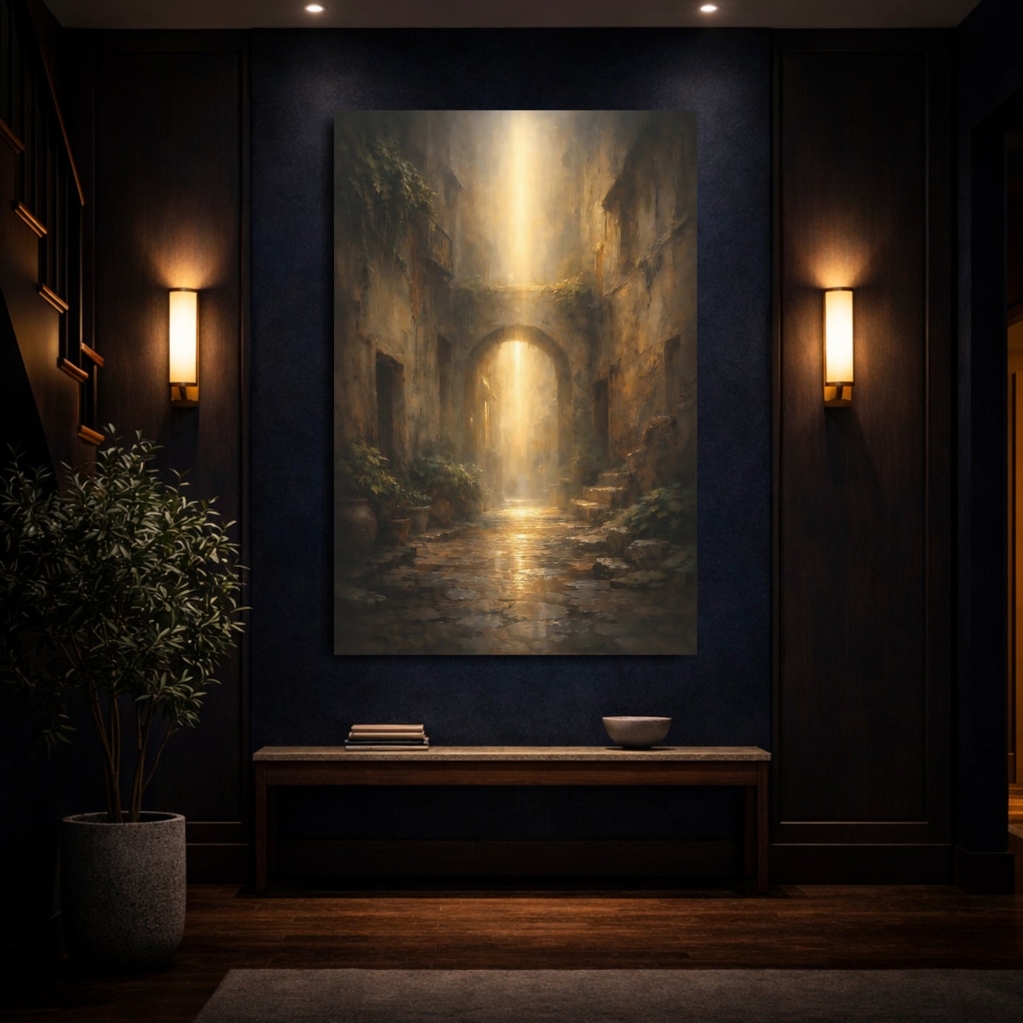 Fairytale Alleyway Arch Golden Light Alley shown as front canvas room wall art