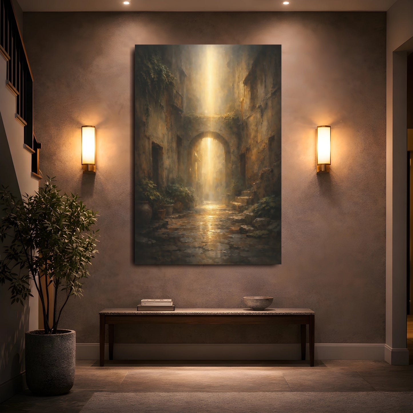 Fairytale Alleyway Arch Golden Light Alley shown as front canvas room wall art