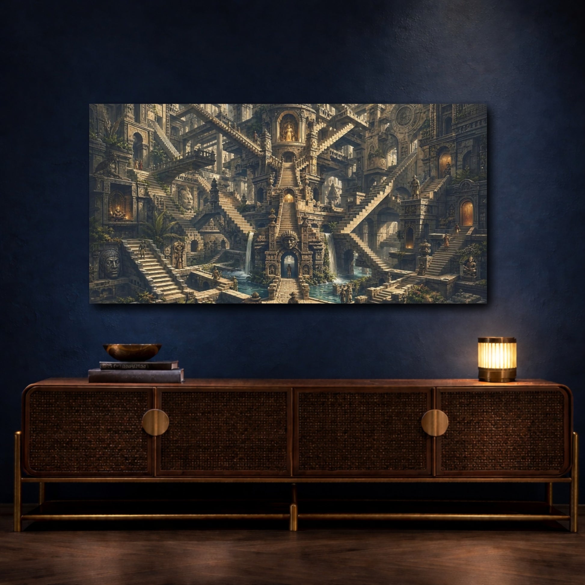 Mockup 4. Fairytale Ancient Labyrinth Ancient Stone Labyrinth shown as stretched canvas wall art
