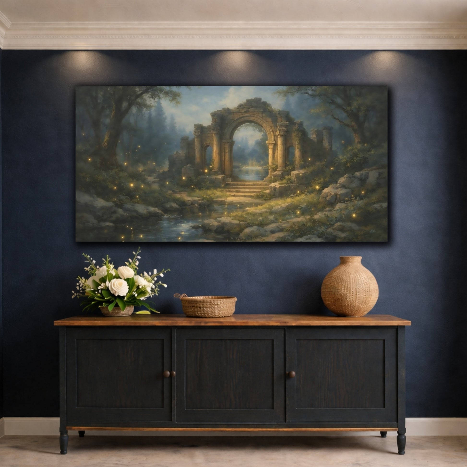 Mockup 4. Fairytale Ancient Ruins Enchanted Forest shown as stretched canvas wall art