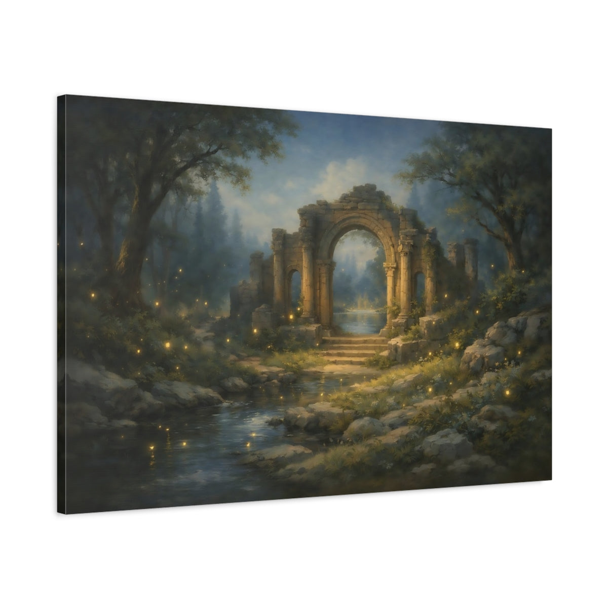 Side Mockup 1. Fairytale Ancient Ruins Mystical Ruins shown as stretched canvas wall art