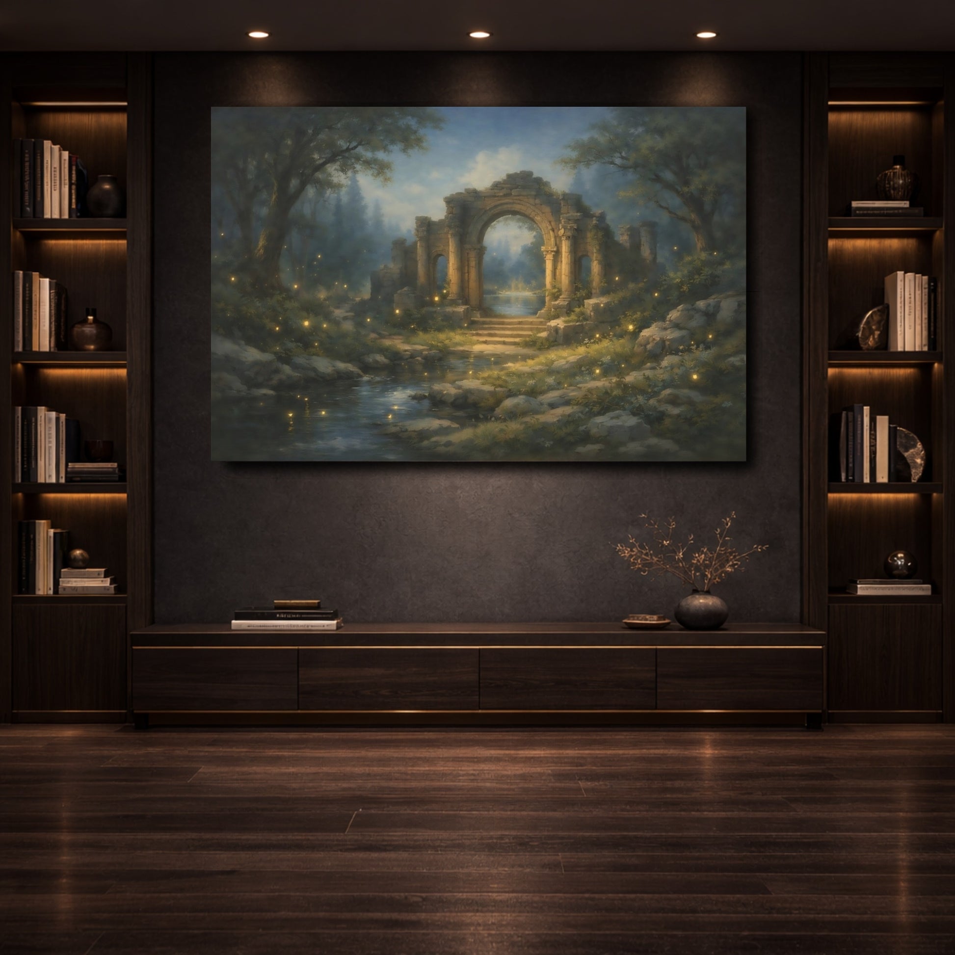 Mockup 3. Fairytale Ancient Ruins Mystical Ruins shown as stretched canvas wall art