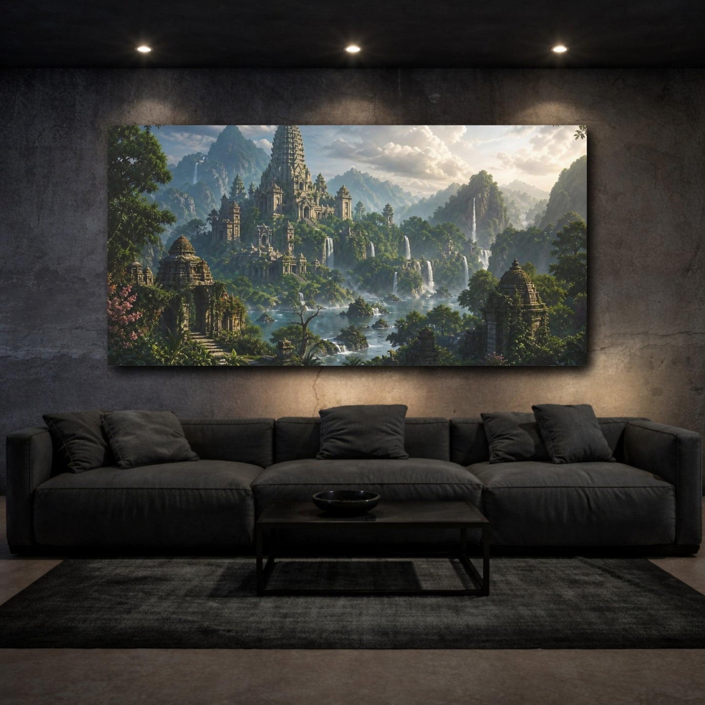 Mockup 2. Fairytale Ancient Temple Ancient Temple Green shown as stretched canvas wall art