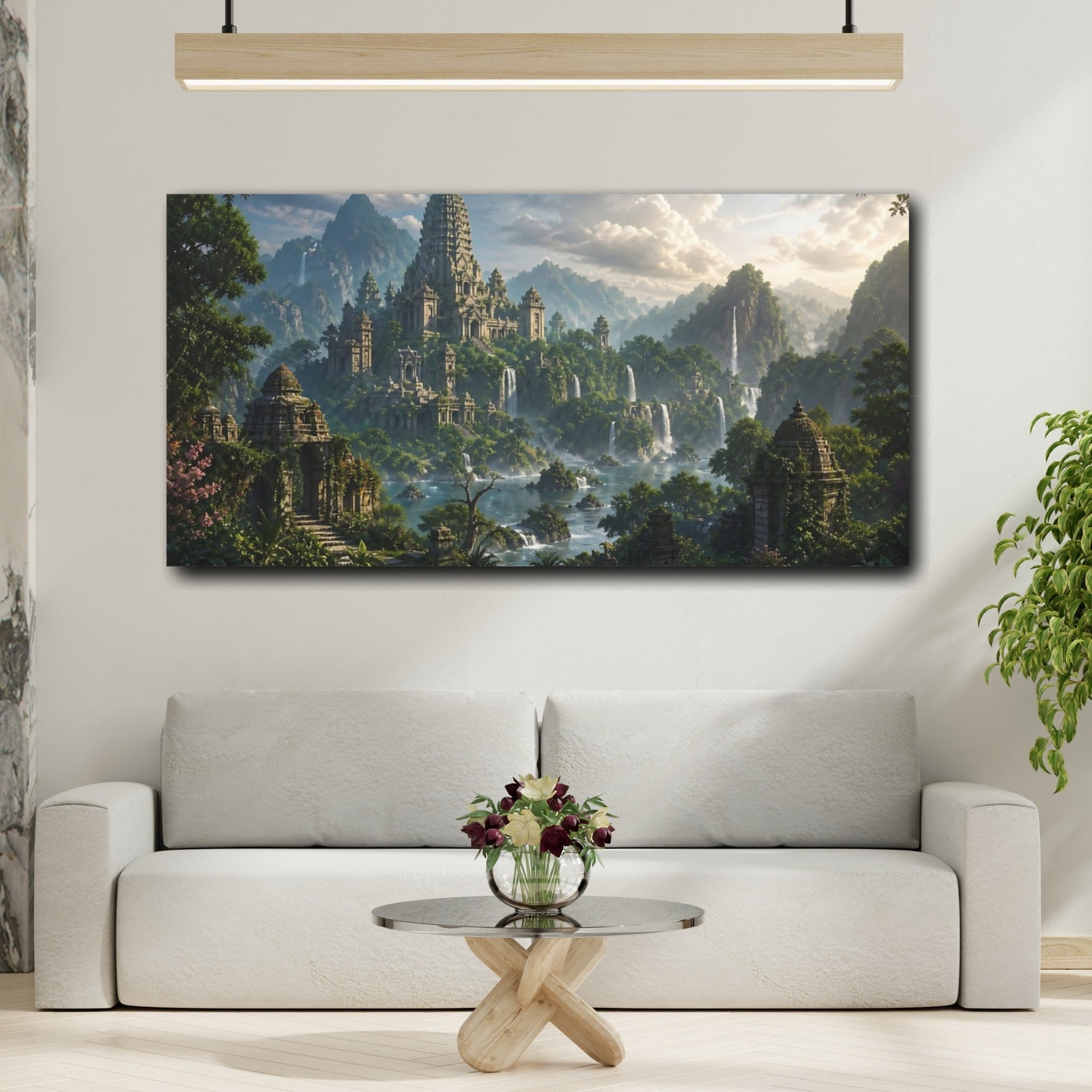 Mockup 3. Fairytale Ancient Temple Ancient Temple Green shown as stretched canvas wall art