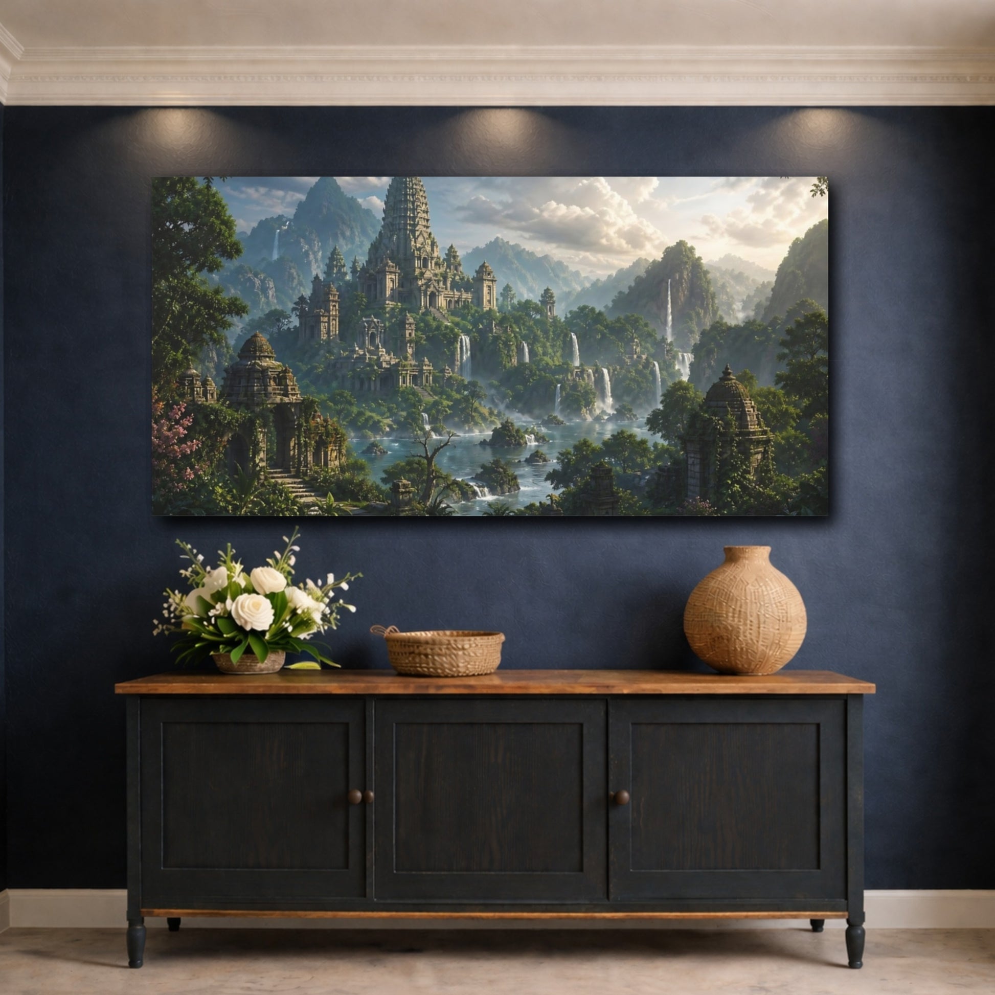 Mockup 4. Fairytale Ancient Temple Ancient Temple Green shown as stretched canvas wall art