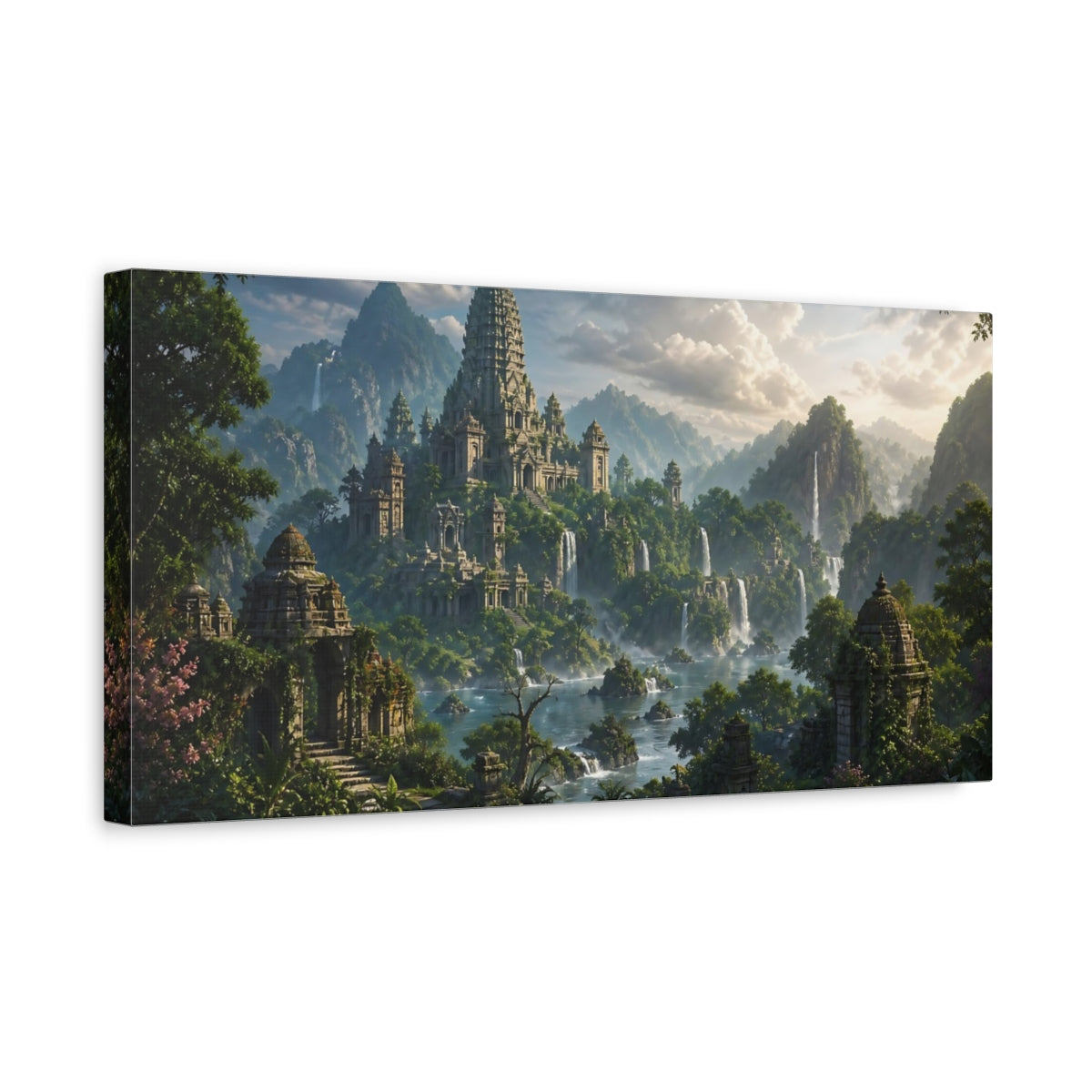Side Mockup 3. Fairytale Ancient Temple Ancient Temple Green shown as stretched canvas wall art