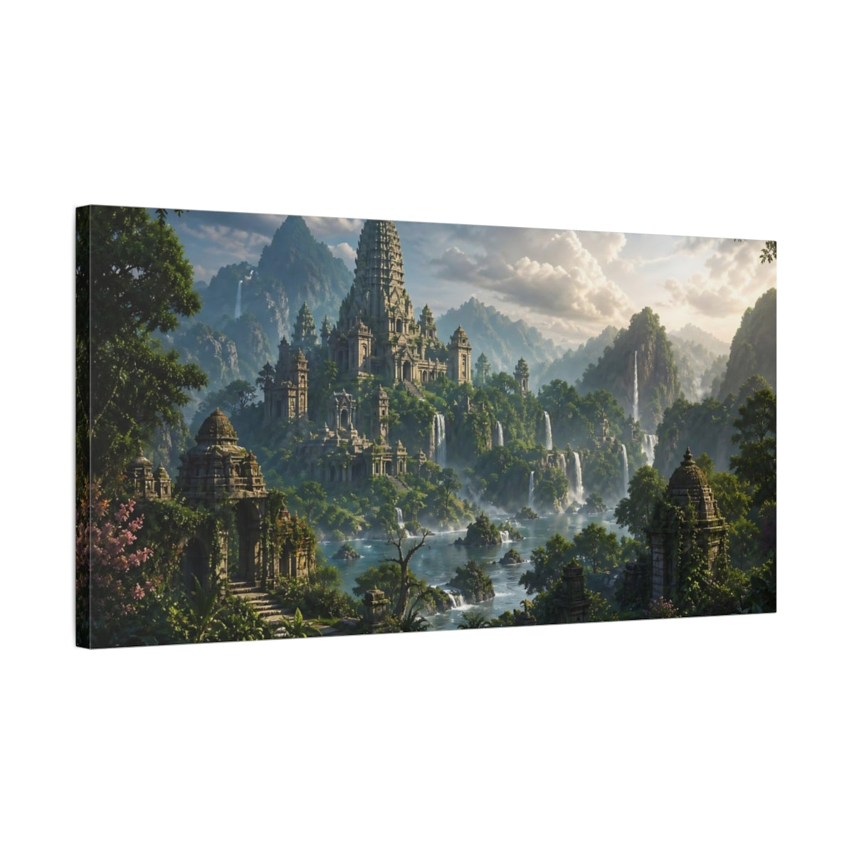 Side Mockup 1. Fairytale Ancient Temple Ancient Temple Green shown as stretched canvas wall art