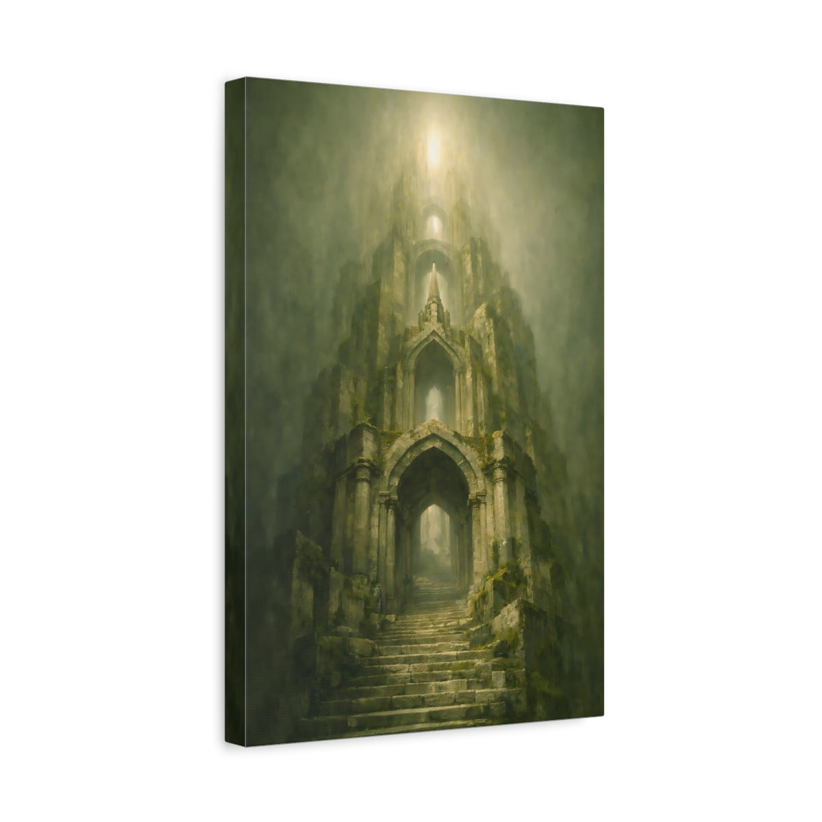 Side Mockup 4. Fairytale Ancient Tower Green Stone Tower shown as stretched canvas wall art