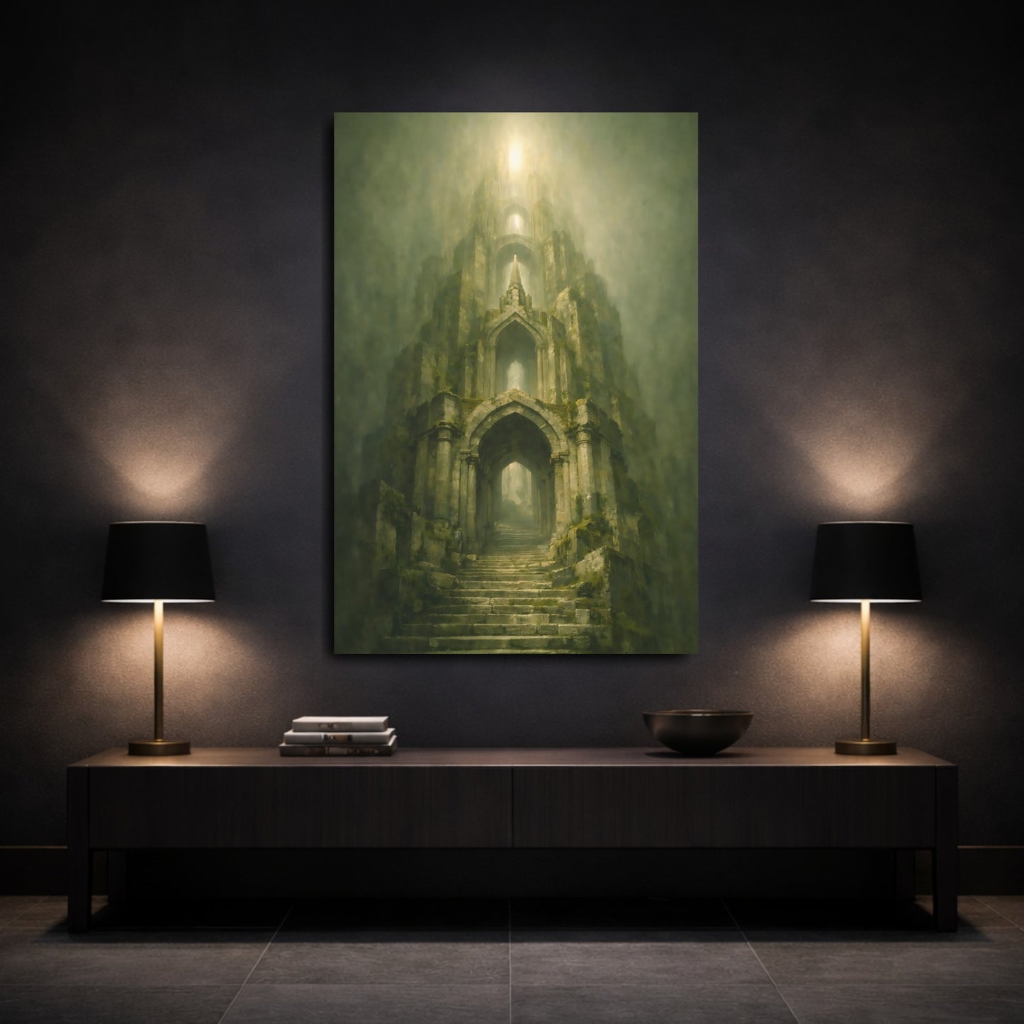 Mockup 2. Fairytale Ancient Tower Green Stone Tower shown as stretched canvas wall art