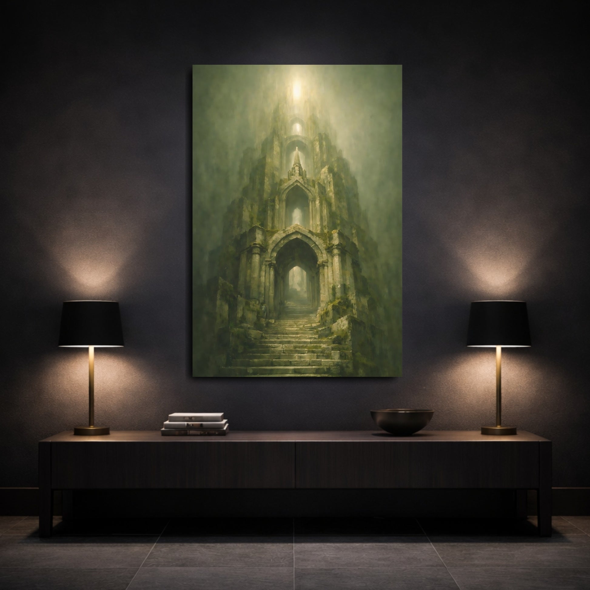 Mockup 2. Fairytale Ancient Tower Green Stone Tower shown as stretched canvas wall art