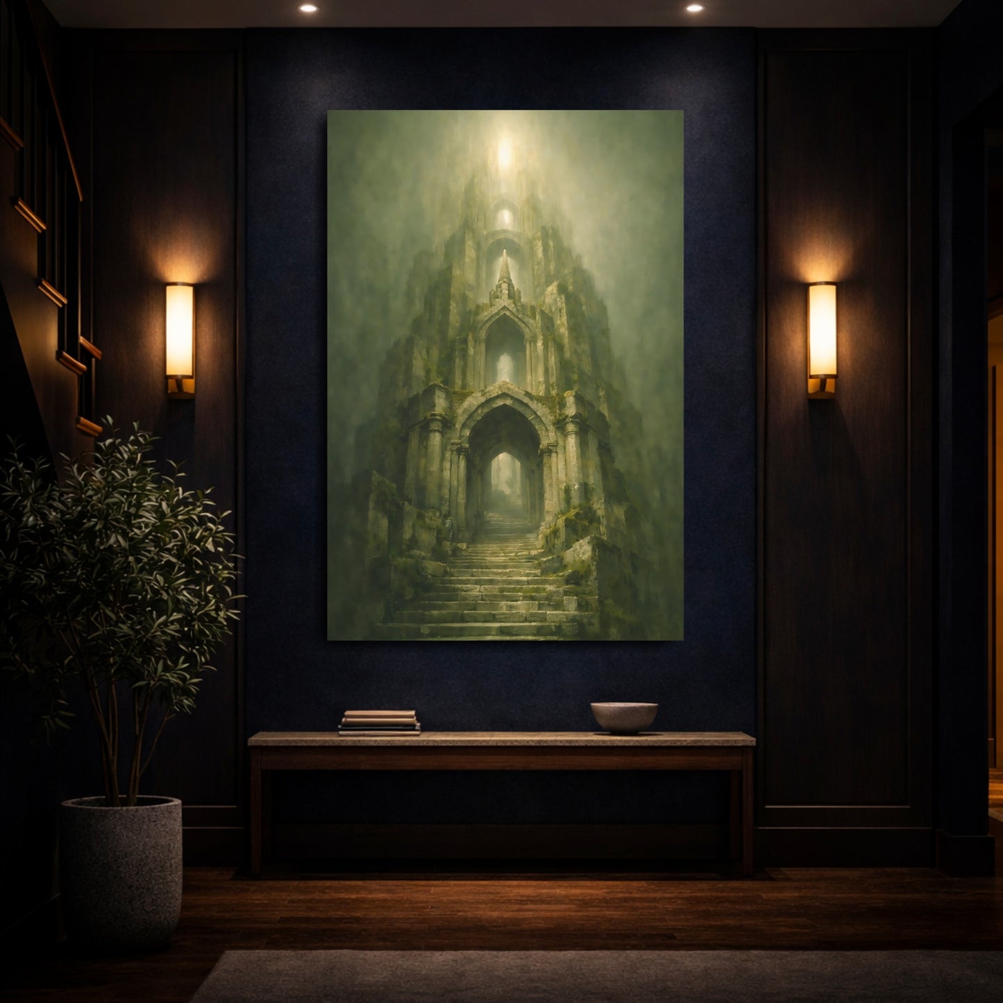 Mockup 3. Fairytale Ancient Tower Green Stone Tower shown as stretched canvas wall art