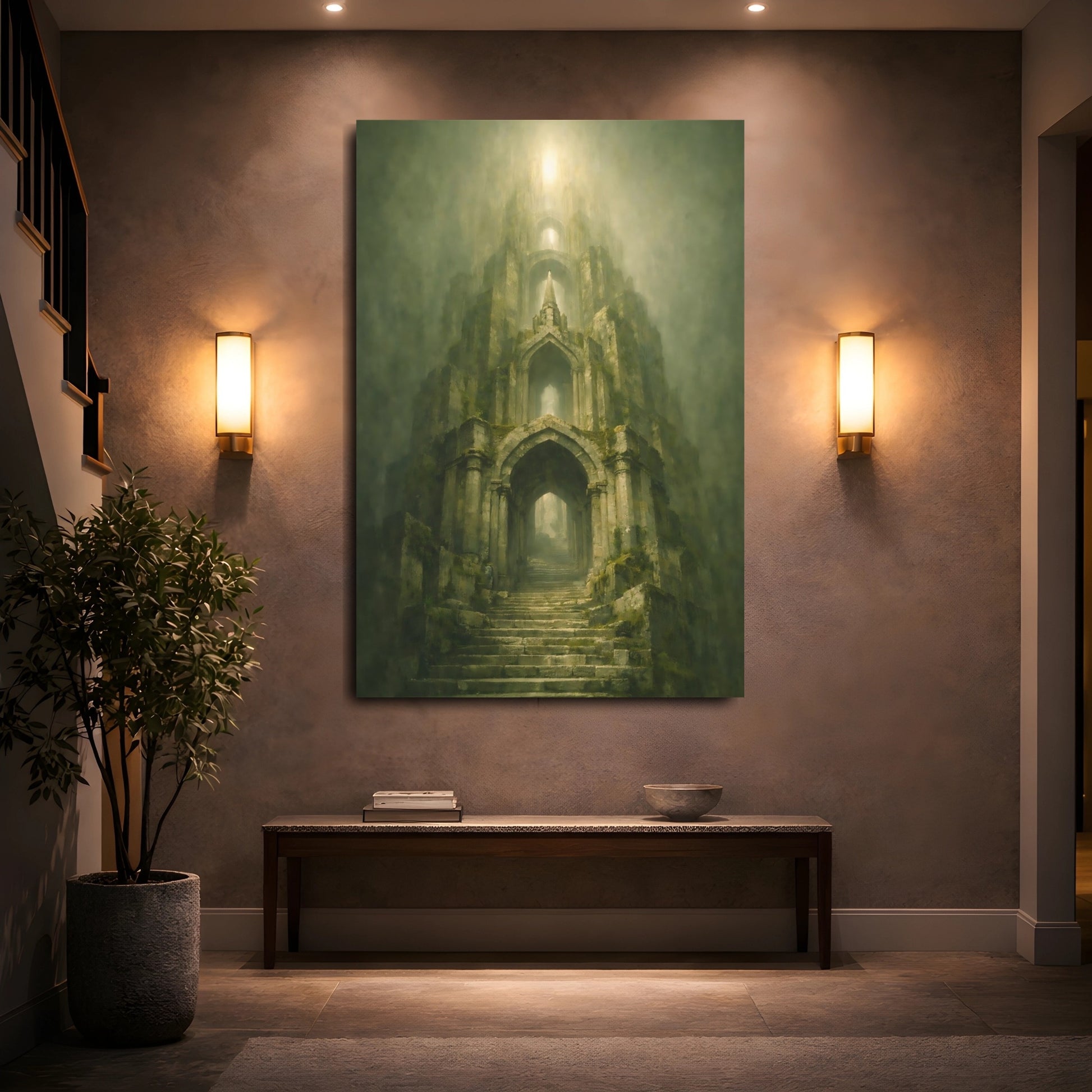 Mockup 4. Fairytale Ancient Tower Green Stone Tower shown as stretched canvas wall art