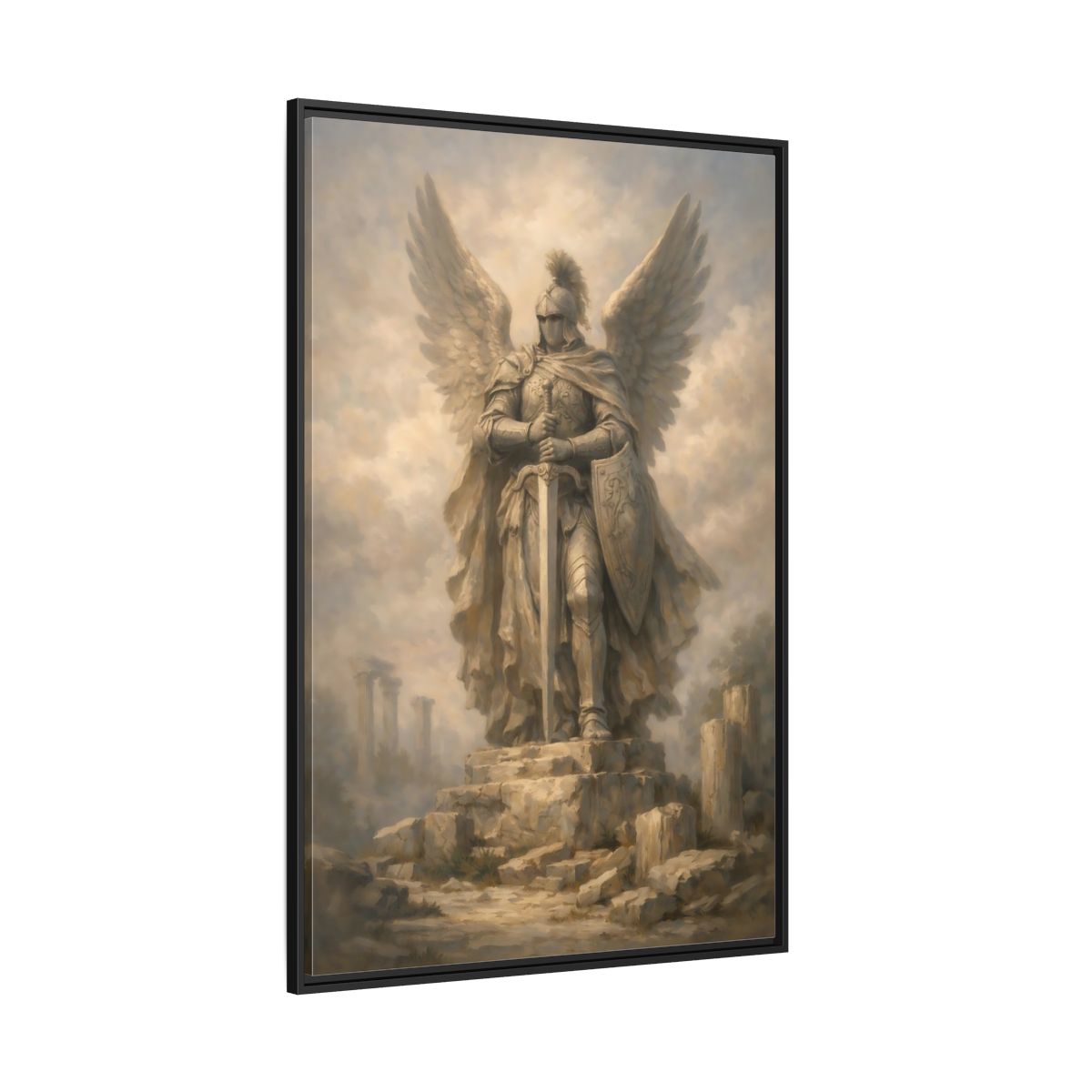 Main Mockup. Fairytale Angel Warrior Angel Statue shown as stretched canvas wall art