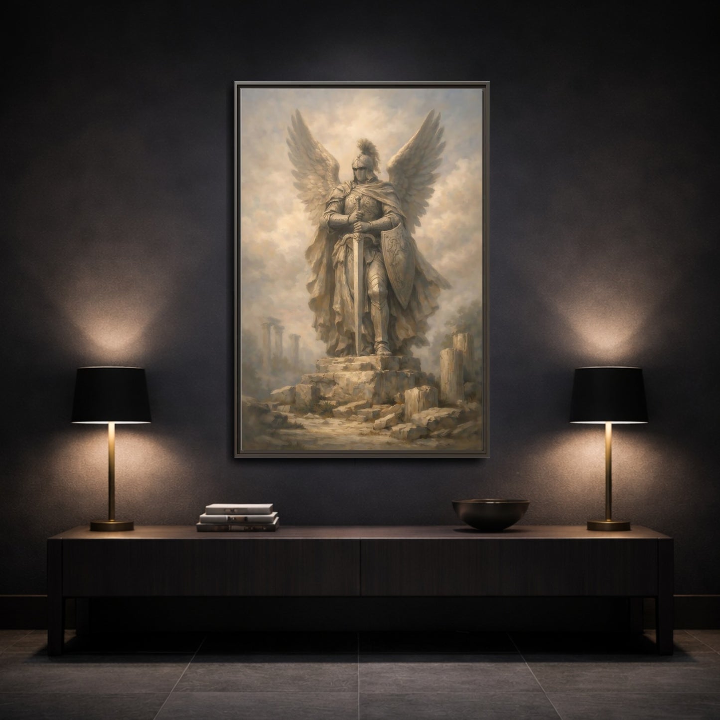 Mockup 2. Fairytale Angel Warrior Angel Statue shown as stretched canvas wall art
