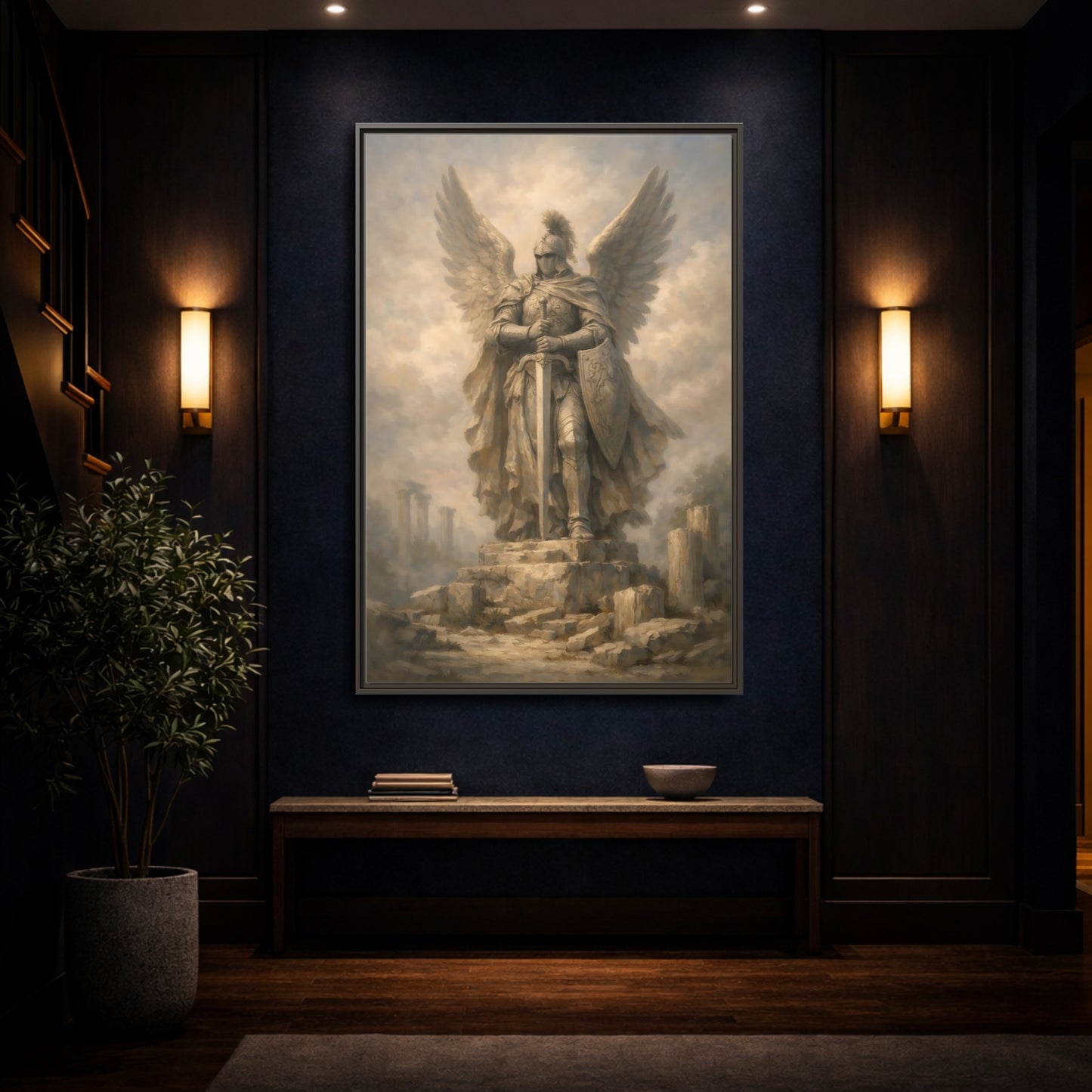 Mockup 3. Fairytale Angel Warrior Angel Statue shown as stretched canvas wall art