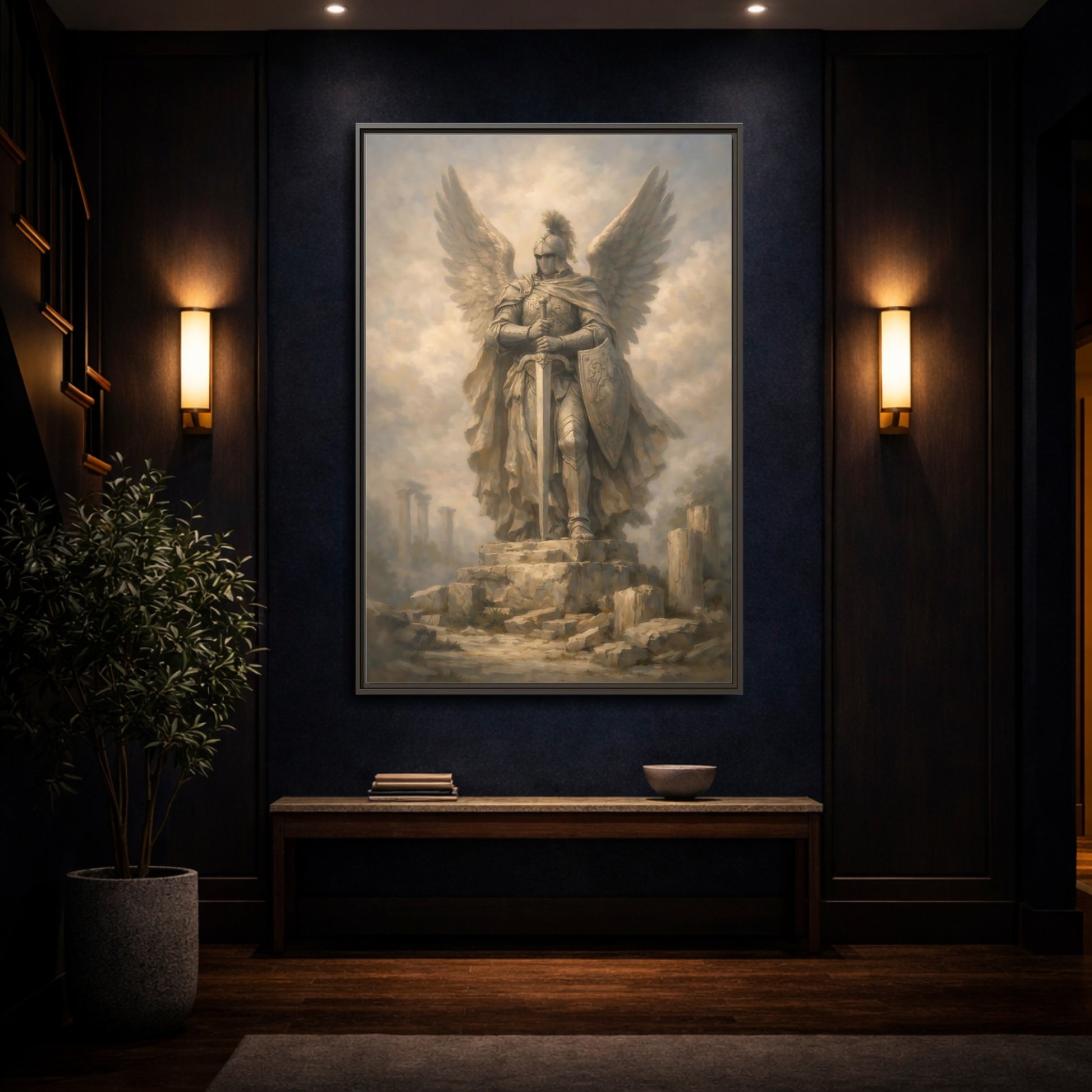 Mockup 3. Fairytale Angel Warrior Angel Statue shown as stretched canvas wall art