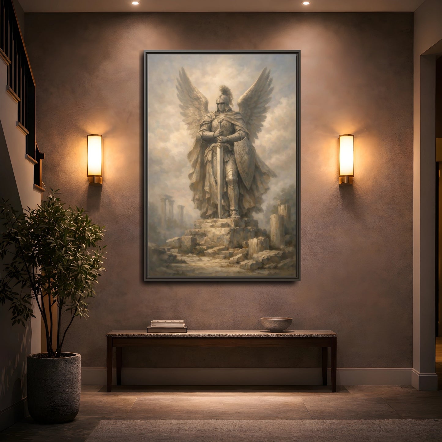 Mockup 4. Fairytale Angel Warrior Angel Statue shown as stretched canvas wall art
