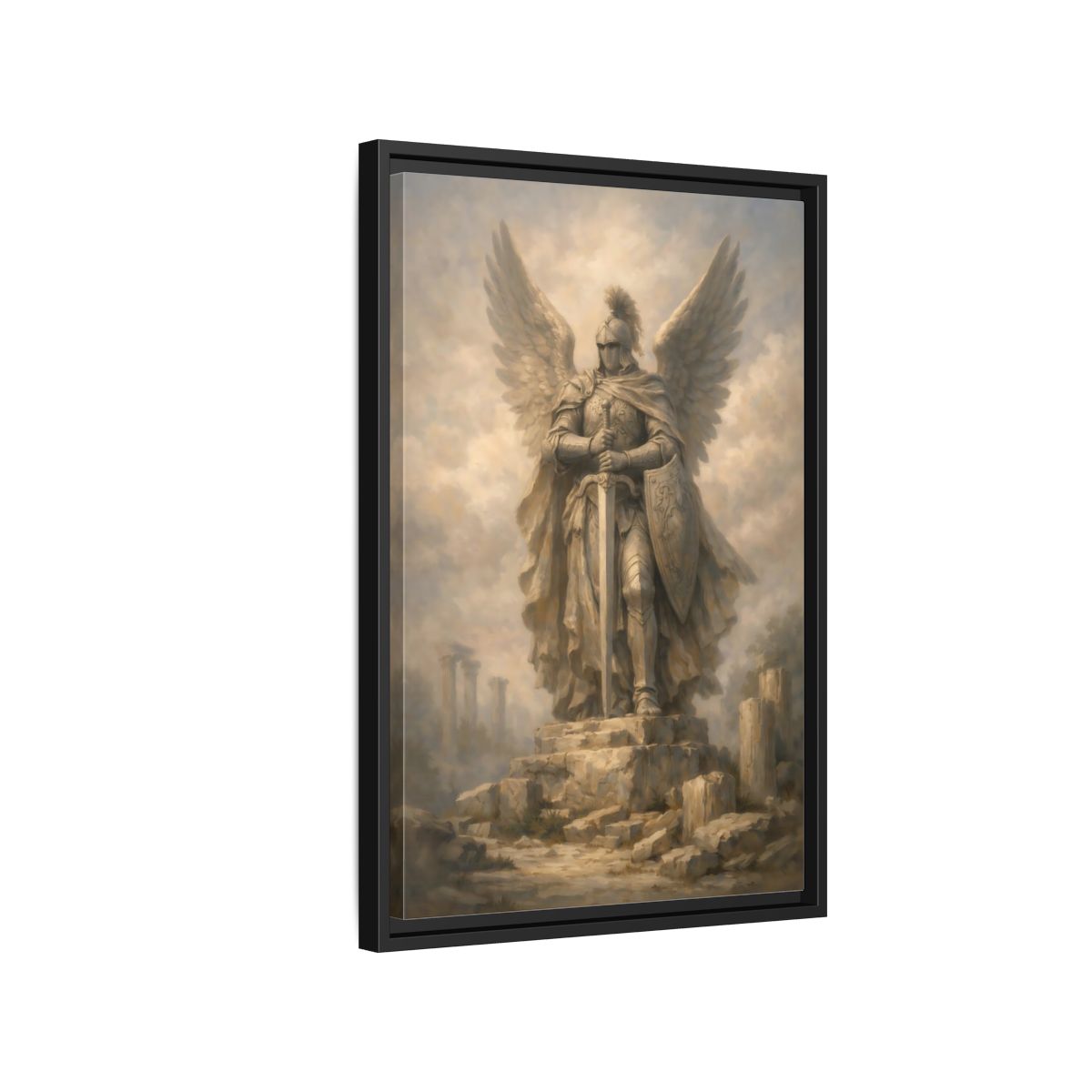 Side Mockup 3. Fairytale Angel Warrior Angel Statue shown as stretched canvas wall art