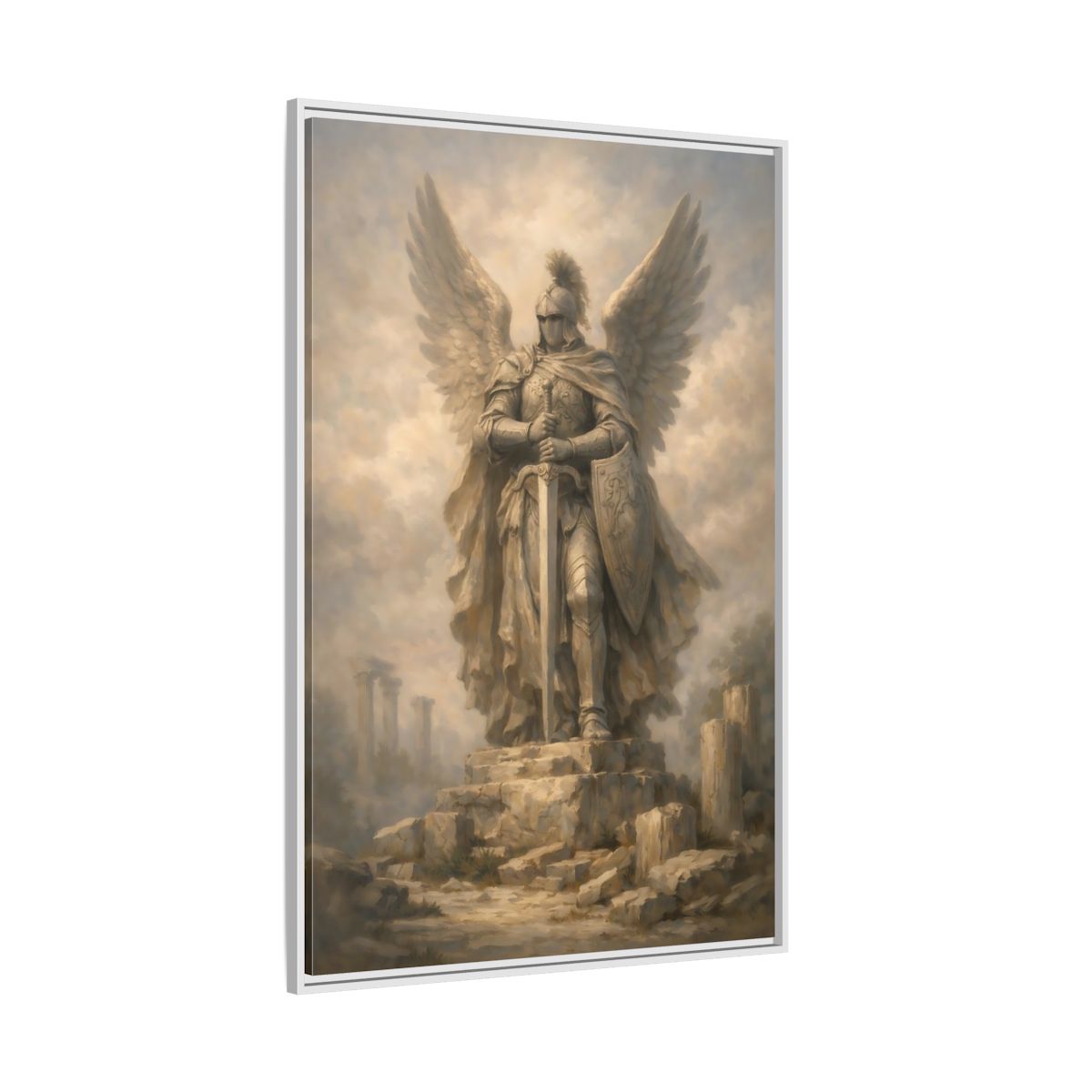 Side Mockup 7. Fairytale Angel Warrior Angel Statue shown as stretched canvas wall art