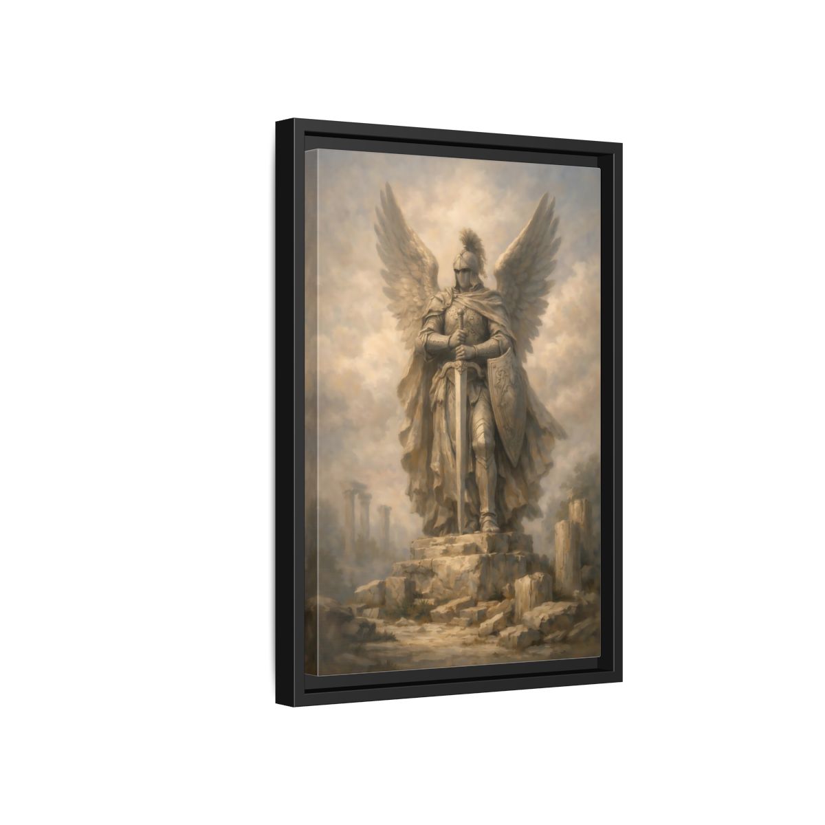 Side Mockup 6. Fairytale Angel Warrior Angel Statue shown as stretched canvas wall art