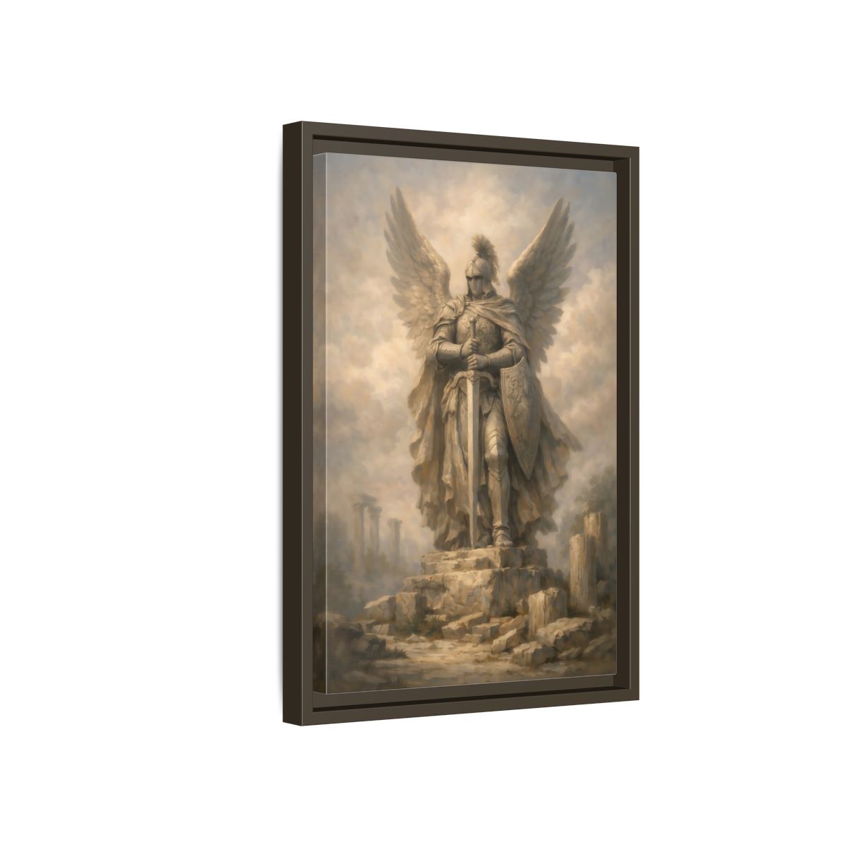 Side Mockup 5. Fairytale Angel Warrior Angel Statue shown as stretched canvas wall art