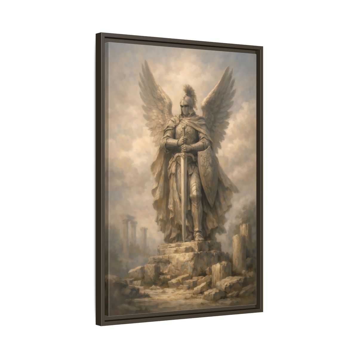 Side Mockup 12. Fairytale Angel Warrior Angel Statue shown as stretched canvas wall art