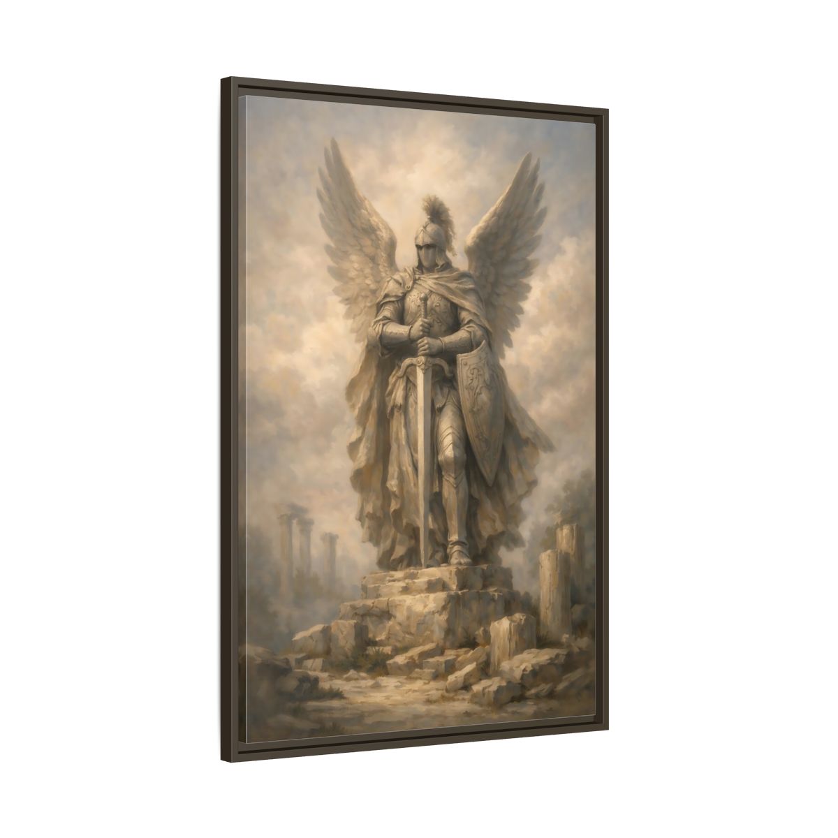 Side Mockup 10. Fairytale Angel Warrior Angel Statue shown as stretched canvas wall art