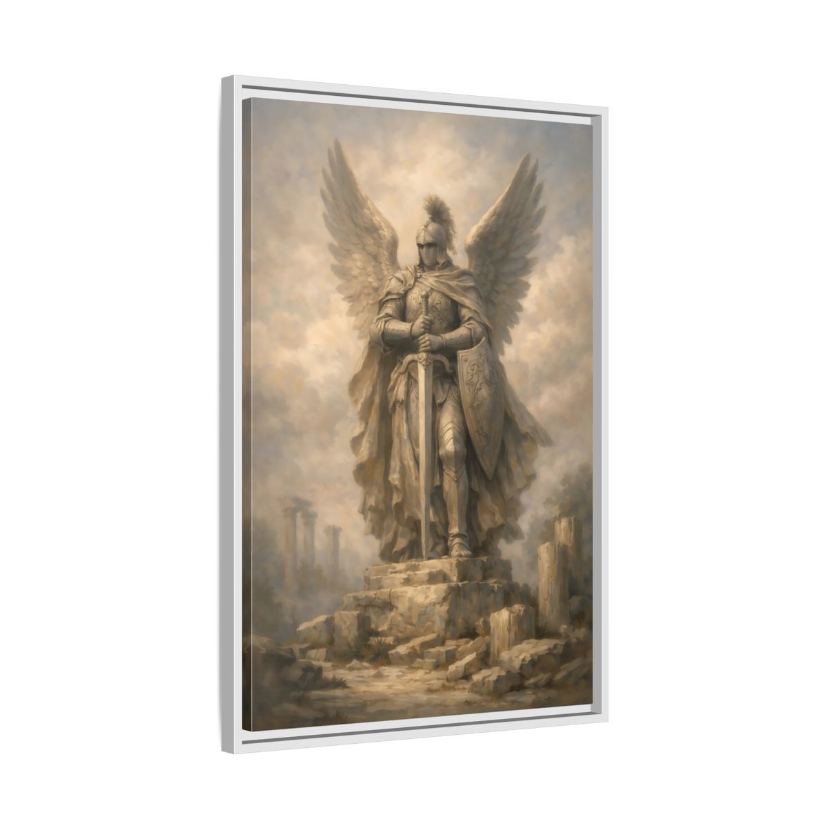 Side Mockup 11. Fairytale Angel Warrior Angel Statue shown as stretched canvas wall art