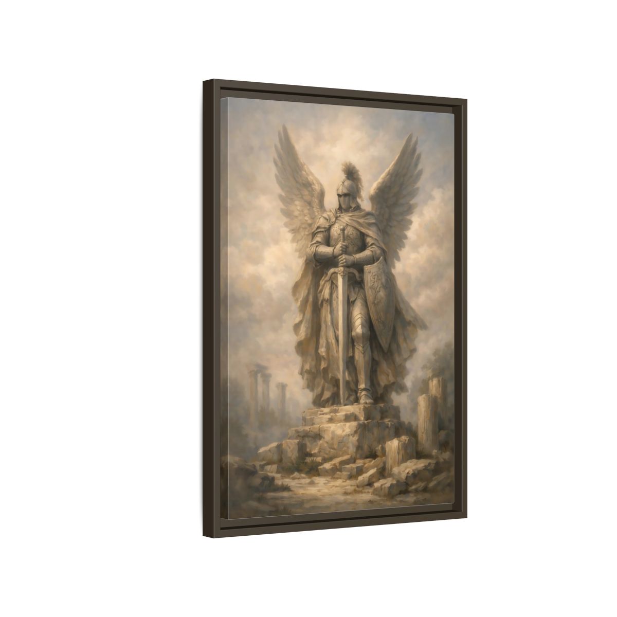 Side Mockup 2. Fairytale Angel Warrior Angel Statue shown as stretched canvas wall art