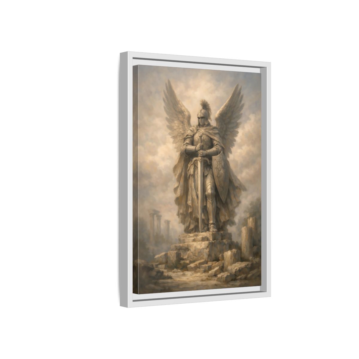 Side Mockup 4. Fairytale Angel Warrior Angel Statue shown as stretched canvas wall art
