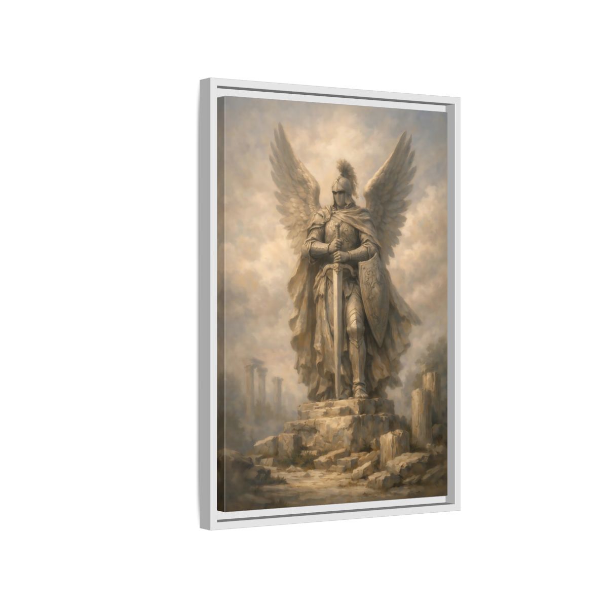 Side Mockup 1. Fairytale Angel Warrior Angel Statue shown as stretched canvas wall art