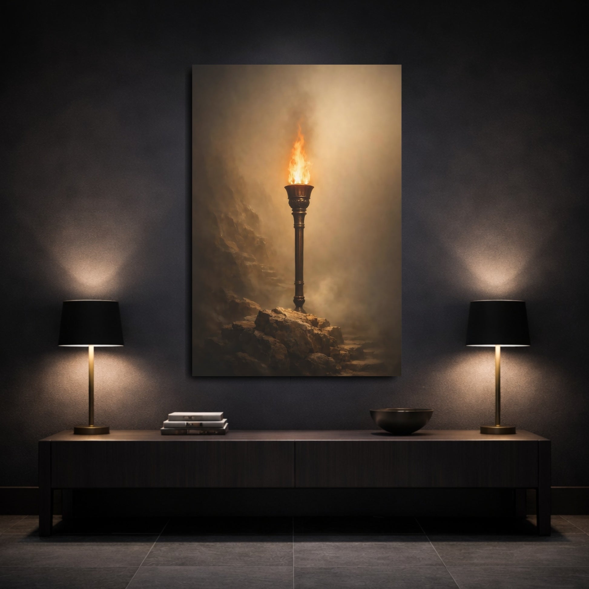 Mockup 2. Fairytale Burning Torch Brown And Orange shown as stretched canvas wall art
