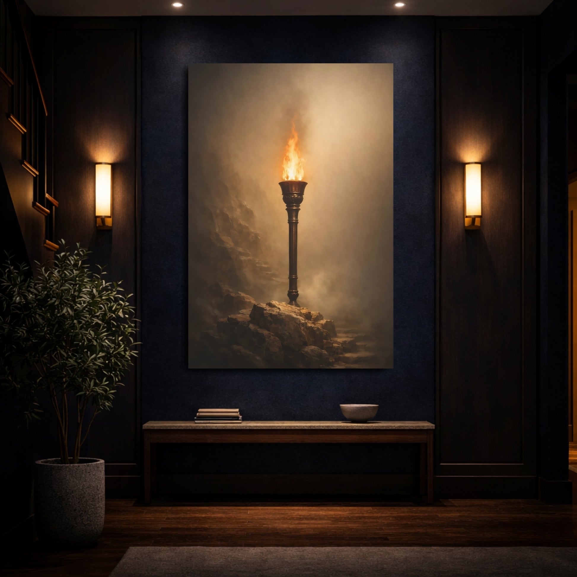 Mockup 3. Fairytale Burning Torch Brown And Orange shown as stretched canvas wall art