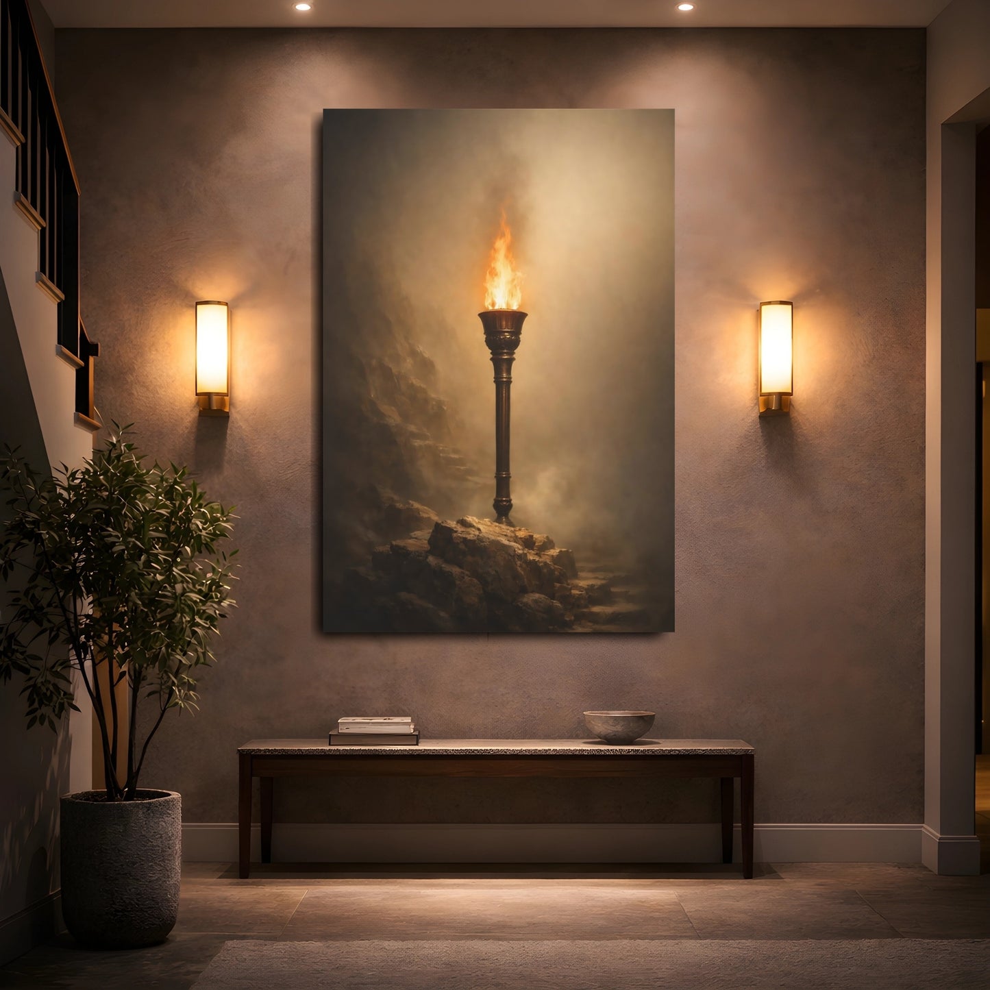 Mockup 4. Fairytale Burning Torch Brown And Orange shown as stretched canvas wall art
