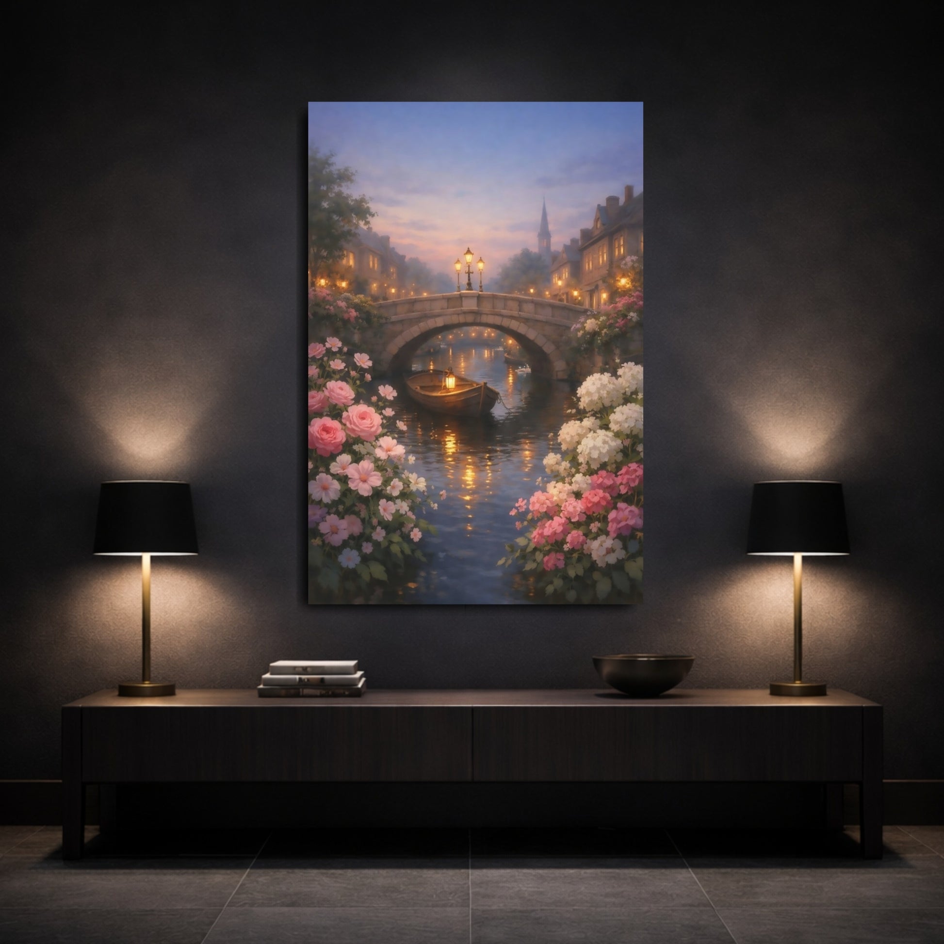 Fairytale Canal Scene Romantic Canal Scene shown as front canvas room wall art