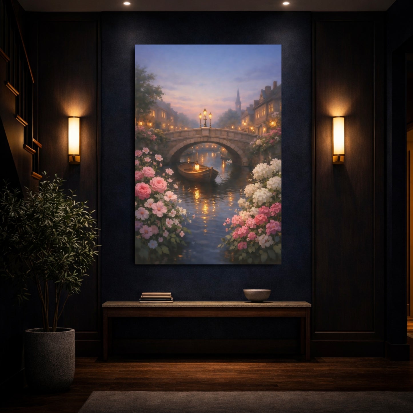 Fairytale Canal Scene Romantic Canal Scene shown as front canvas room wall art